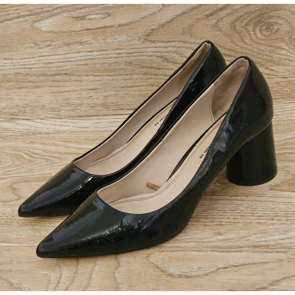 Zara Collection Black Patent Pump Round Block Heel Pointed Toe EUR 39 US 8.5